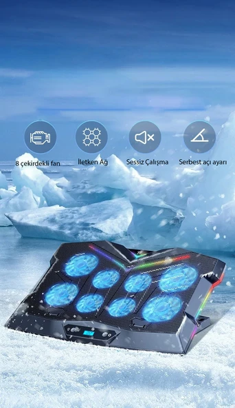 Monozone 8 Fanlı 18-11İnç RGB Işıklı Notebook Laptop Soğutucu Fan Yükseklik Ayarlı Sessiz LCD Pro Stand Çift USB 1 Type-c Giriş - 8