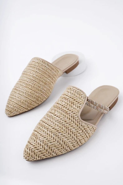 Muggo JAYLİN Önü Kapalı Kadın Taşlı Günlük Hasır Terlik