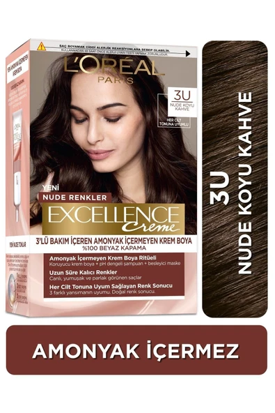 L'Oreal Paris Excellence Creme Nude Renkler Saç Boyası - 3U Nude Koyu Kahve