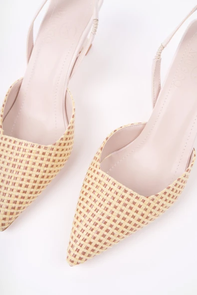 Muggo LOUVRE Sivri Burun Arkası Açık Lastikli Hasır Kadın Günlük Topuklu Terlik - 2