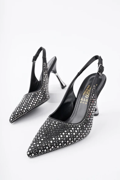 Muggo JİSOO Sivri Burun Taşlı Arkası Açık Klasik Topuklu Kadın Abiye Ayakkabı - 9