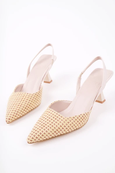 Muggo LOUVRE Sivri Burun Arkası Açık Lastikli Hasır Kadın Günlük Topuklu Terlik - 5