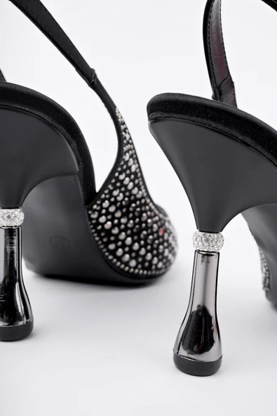 Muggo JİSOO Sivri Burun Taşlı Arkası Açık Klasik Topuklu Kadın Abiye Ayakkabı - 11