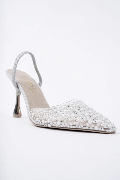 Muggo MARGARET Taşlı Sivri Burun Arkası Açık Lastikli Kadın Klasik Topuklu Ayakkabı - 8