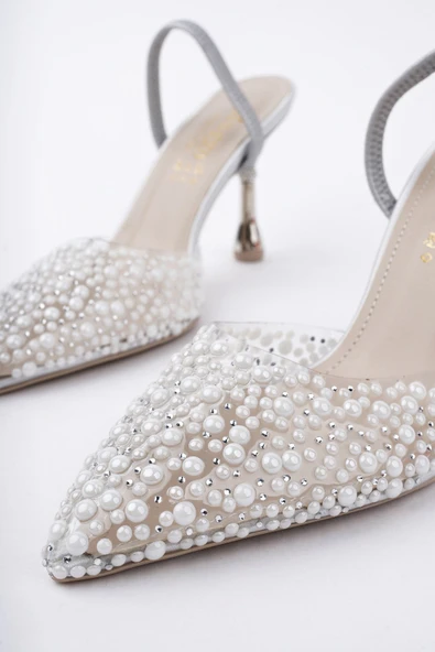 Muggo MARGARET Taşlı Sivri Burun Arkası Açık Lastikli Kadın Klasik Topuklu Ayakkabı - 7