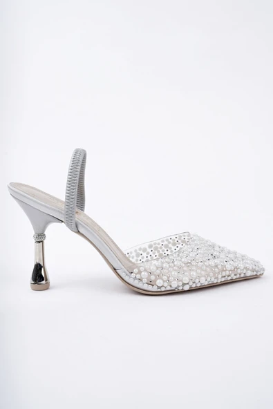 Muggo MARGARET Taşlı Sivri Burun Arkası Açık Lastikli Kadın Klasik Topuklu Ayakkabı - 6