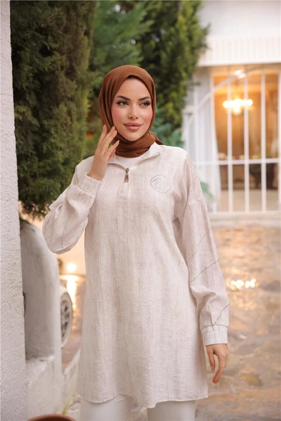 Yarım Fermuarlı Yaka Logo Baskılı Tunik - 71245.023 - Krem - 5