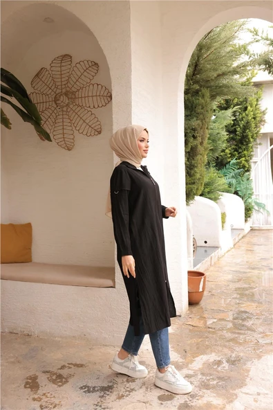 Fermuarlı Yandan Cepli Uzun Şık Spor Kap - 71246.003 - Siyah - 3