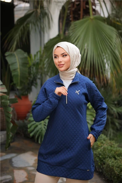 Kısa Fermuarlı Yaka Kapitone Şık Spor Sweat - 71227.006 - İndigo - 5