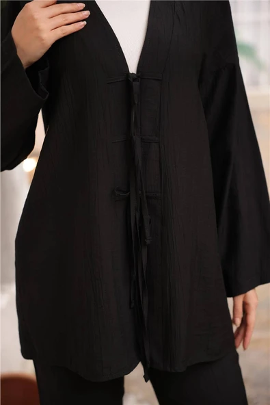 V Yaka Bağcıklı İkili Tesettür Eşofman Takımı - (38-46) - 71243 - Siyah - 6