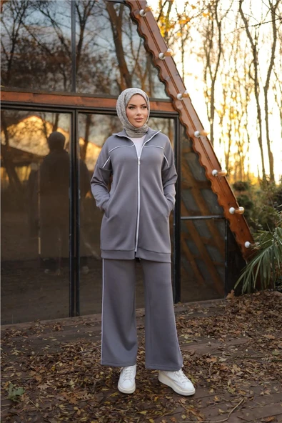 Fermuarlı Kısa Sade İkili Tesettür Eşofman Takımı - 71230.012 - Füme - Resim 2