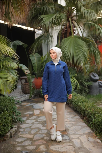 Kısa Fermuarlı Yaka Kapitone Şık Spor Sweat - 71227.006 - İndigo - 4