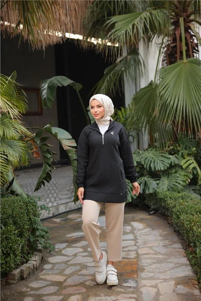 Kısa Fermuarlı Yaka Kapitone Şık Spor Sweat - (38-46) - 71227 - Siyah - 4