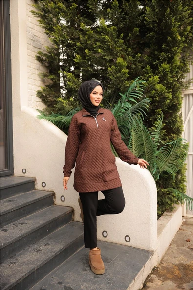 Kısa Fermuarlı Yaka Kapitone Şık Spor Sweat - 71227.028 - Kahverengi - 4