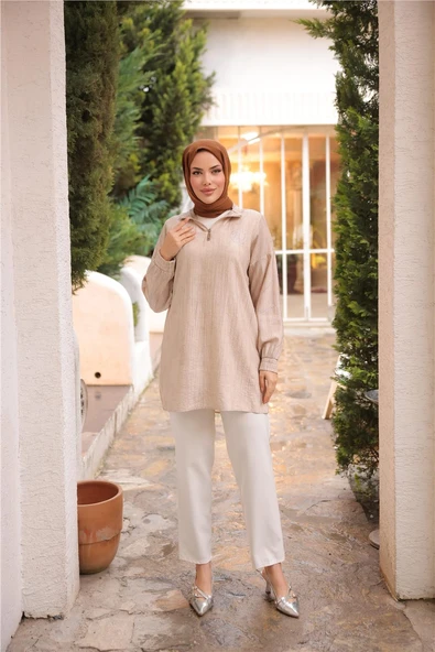 Yarım Fermuarlı Yaka Logo Baskılı Tunik - 71245.026 - Bej - 2