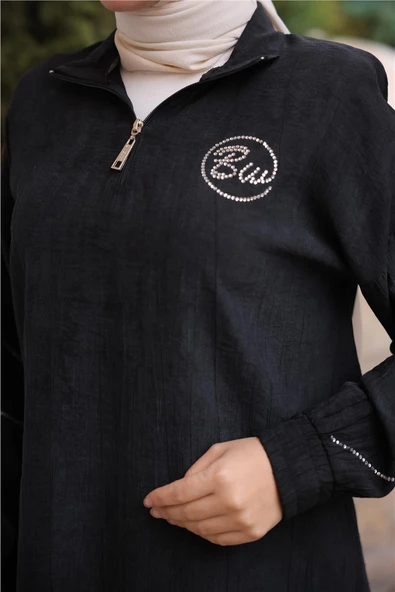 Yarım Fermuarlı Yaka Logo Baskılı Tunik - (38-46) - 71245 - Siyah - 6