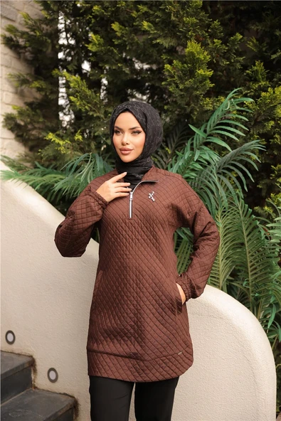 Kısa Fermuarlı Yaka Kapitone Şık Spor Sweat - 71227.028 - Kahverengi - 5