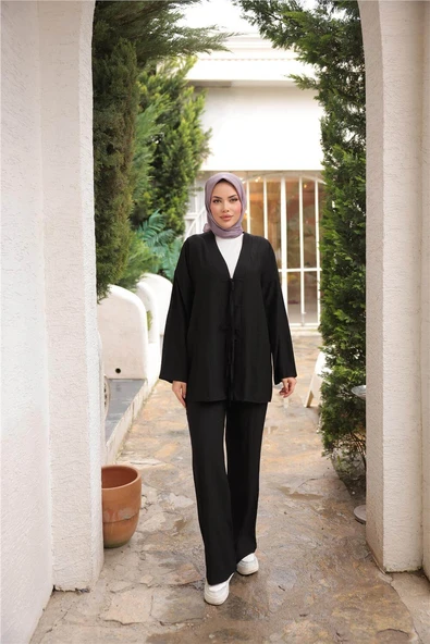 V Yaka Bağcıklı İkili Tesettür Eşofman Takımı - (38-46) - 71243 - Siyah