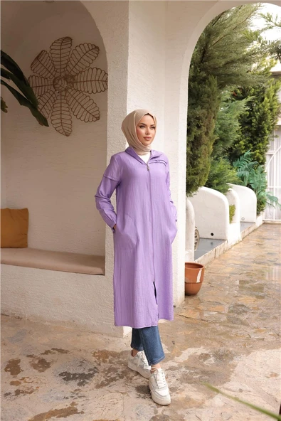 Fermuarlı Yandan Cepli Uzun Şık Spor Kap - 71246.019 - Lila - 3