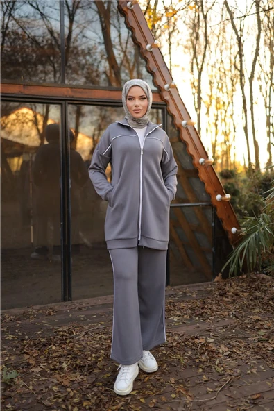 Fermuarlı Kısa Sade İkili Tesettür Eşofman Takımı - 71230.012 - Füme ürün görseli