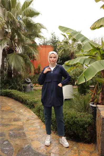 Fermuarlı Cepli Lastikli Kısa Şık Spor Kap - 71247.015 - Lacivert - 4