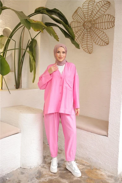 V Yaka Düğmeli Cepli İkili Tesettür Eşofman Takımı - 71244.025 - Fuşya ürün görseli