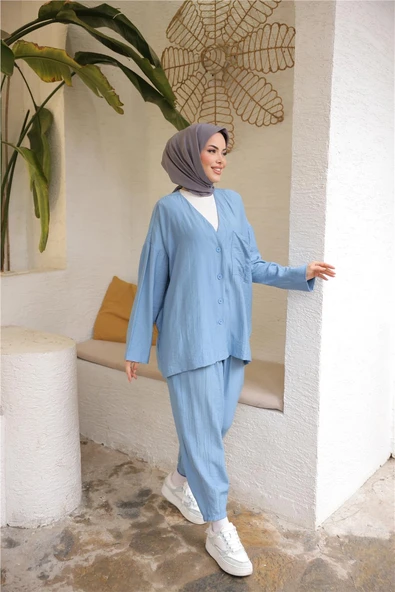 V Yaka Düğmeli Cepli İkili Tesettür Eşofman Takımı - 71244.006 - İndigo - Resim 3