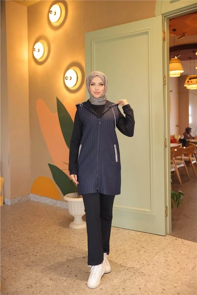 Fermuarlı Kapşonlu Cepli Kapitone Üçlü Takım - 71226.015 - Lacivert - Resim 5