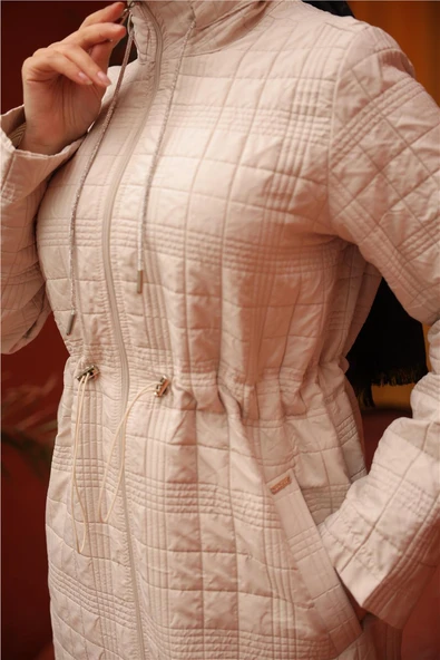 Fermuarlı Balıkçı Yaka Belden Bağcıklı Kapitone Şık Spor Kap - 71239.026 - Bej - 6