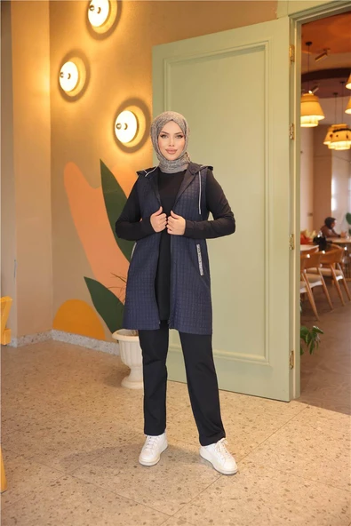 Fermuarlı Kapşonlu Cepli Kapitone Üçlü Takım - 71226.015 - Lacivert - Resim 4