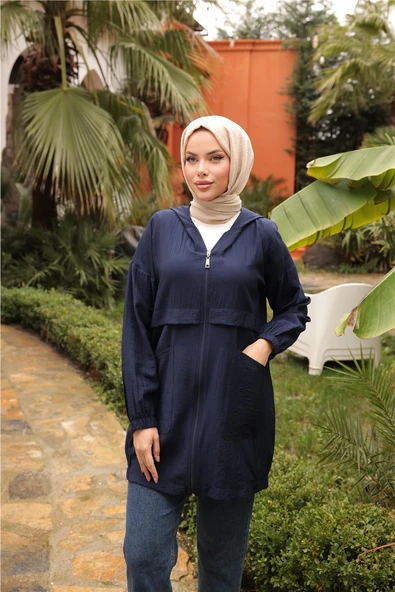 Fermuarlı Cepli Lastikli Kısa Şık Spor Kap - 71247.015 - Lacivert - 5