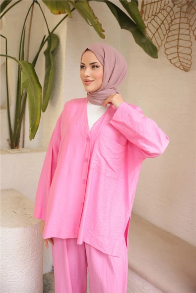 V Yaka Düğmeli Cepli İkili Tesettür Eşofman Takımı - 71244.025 - Fuşya - Resim 4