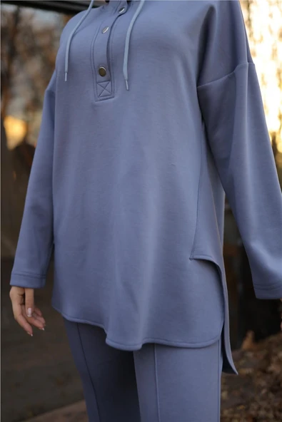 Kapşonlu Yarım Çıtçıtlı Kısa İkili Tesettür Eşofman Takımı - 71234.006 - İndigo - Resim 6