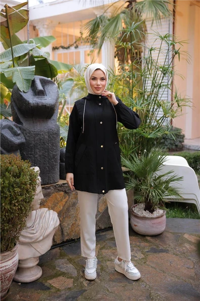 Çıtçıtlı Balıkçı Yaka Yandan Cepli Kap - 71242.003 - Siyah - 4