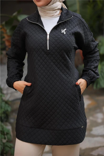 Kısa Fermuarlı Yaka Kapitone Şık Spor Sweat - (38-46) - 71227 - Siyah - 6