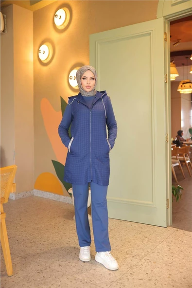 Fermuarlı Kapşonlu Cepli Kapitone Üçlü Takım - 71226.006 - İndigo