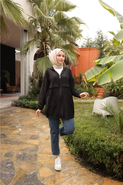 Fermuarlı Cepli Lastikli Kısa Şık Spor Kap - 71247.003 - Siyah - 3