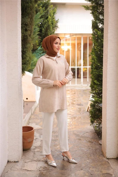 Yarım Fermuarlı Yaka Logo Baskılı Tunik - 71245.026 - Bej - 4