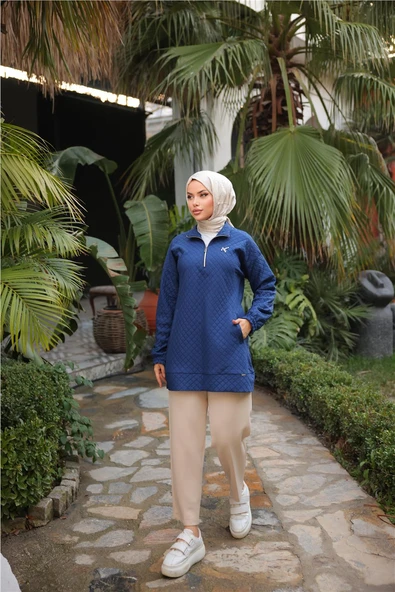 Kısa Fermuarlı Yaka Kapitone Şık Spor Sweat - 71227.006 - İndigo - 3