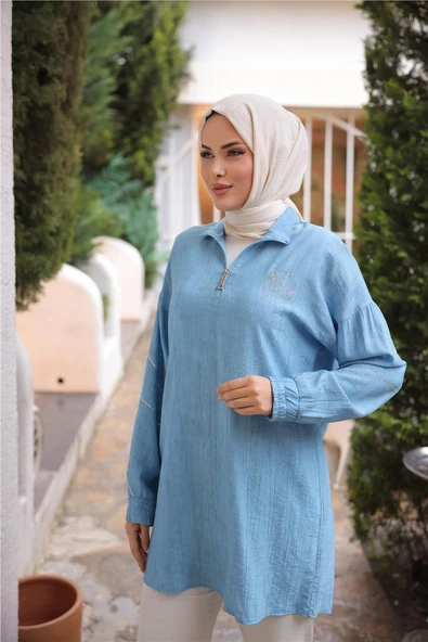Yarım Fermuarlı Yaka Logo Baskılı Tunik - 71245.010 - Turkuaz - 5