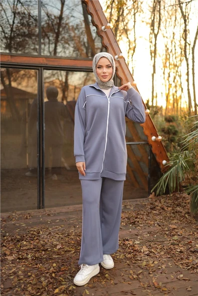 Fermuarlı Kısa Sade İkili Tesettür Eşofman Takımı - 71230.006 - İndigo - Resim 3