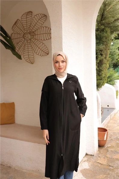 Fermuarlı Yandan Cepli Uzun Şık Spor Kap - 71246.003 - Siyah - 4