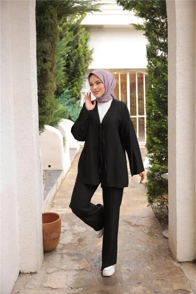 V Yaka Bağcıklı İkili Tesettür Eşofman Takımı - (38-46) - 71243 - Siyah - 3