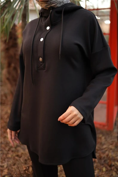 Kapşonlu Yarım Çıtçıtlı Kısa İkili Tesettür Eşofman Takımı - (38-46) - 71234 - Siyah - Resim 6