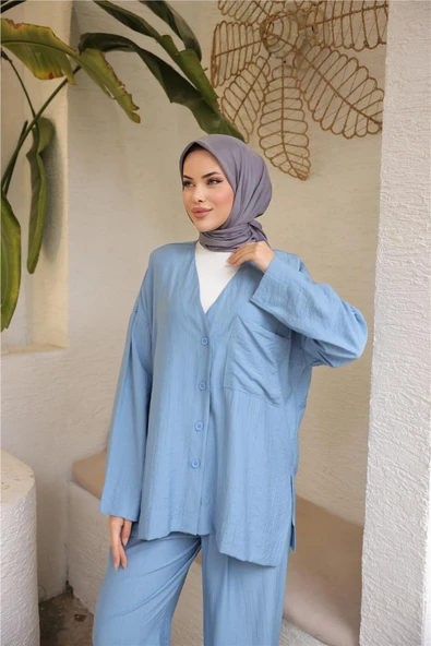 V Yaka Düğmeli Cepli İkili Tesettür Eşofman Takımı - 71244.006 - İndigo - Resim 4