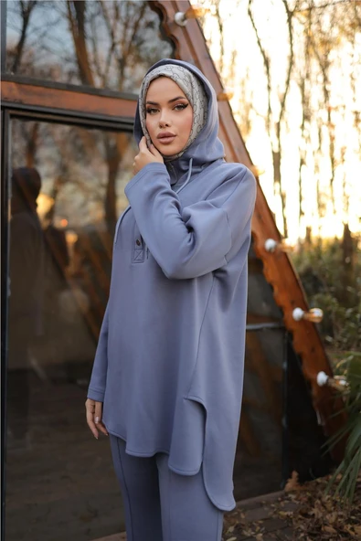 Kapşonlu Yarım Çıtçıtlı Kısa İkili Tesettür Eşofman Takımı - 71234.006 - İndigo - Resim 5