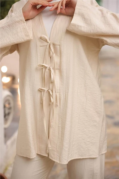 V Yaka Bağcıklı İkili Tesettür Eşofman Takımı - 71243.026 - Bej - Resim 6