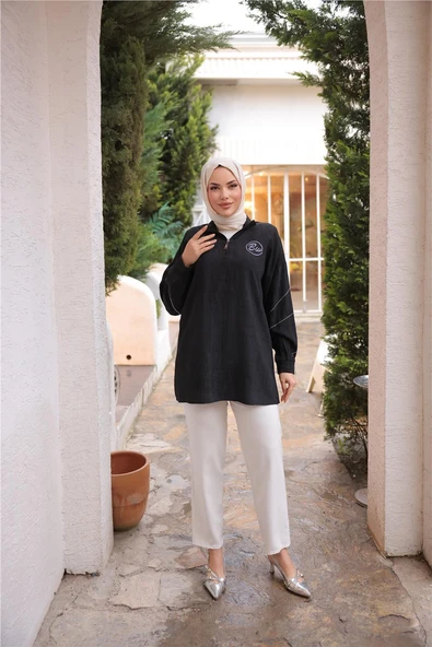 Yarım Fermuarlı Yaka Logo Baskılı Tunik - (38-46) - 71245 - Siyah - 3