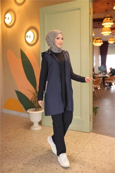 Fermuarlı Kapşonlu Cepli Kapitone Üçlü Takım - 71226.015 - Lacivert - Resim 3