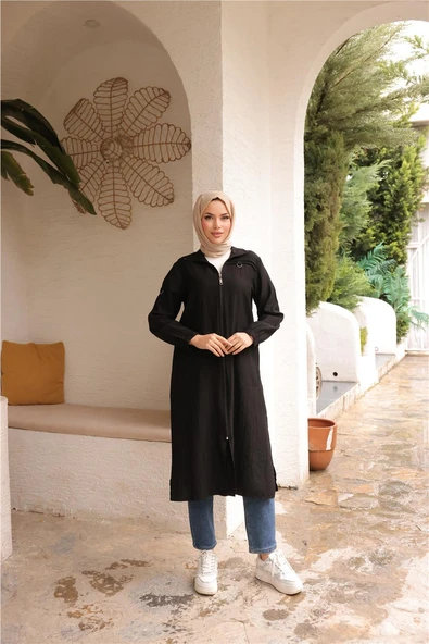 Fermuarlı Yandan Cepli Uzun Şık Spor Kap - 71246.003 - Siyah - 2